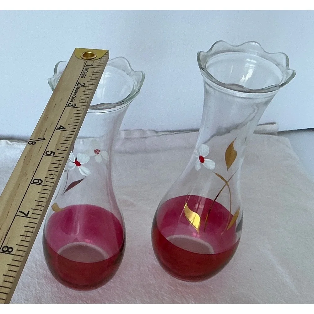 Bartlett Collins Vintage Glass Bud Vases Cranberry Red‎ Hand Painted Floral 8